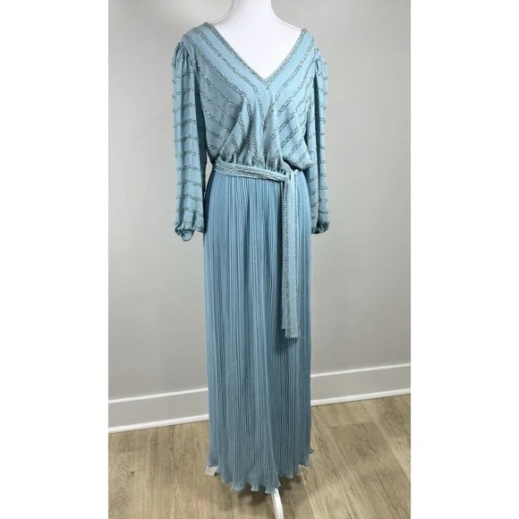 Vintage Jack Bryan Beaded Maxi Dress Pleated Blue Grecian Evening Prom Size S - Picture 2 of 16
